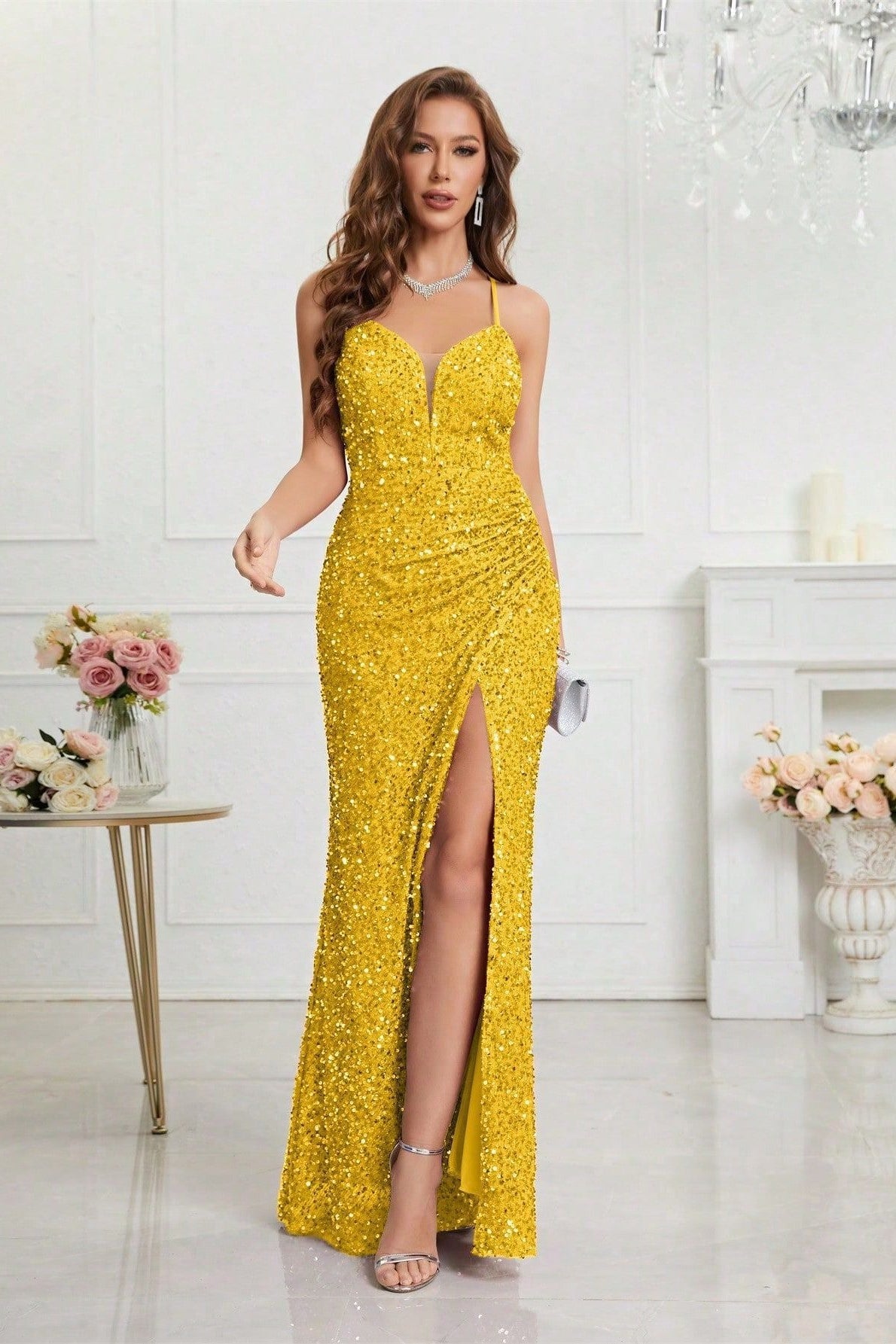 V Neck Slit Sequin Slip Prom Dress