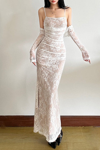 Floral Lace Square Neck Long Sleeve Ruched Mermaid Maxi Dress