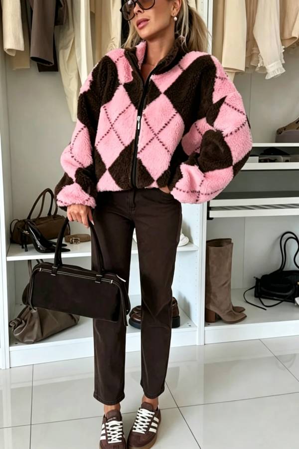 Rhomboid Geometric Pattern Teddy Bear Fleece Material Contrast Color Long Sleeve Pocket Zipper Coat