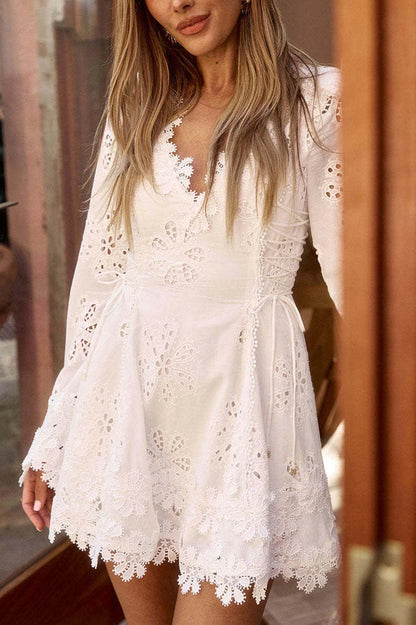 Eyelet Lace Deep V-Neck Long Sleeve Scalloped Trim Side Tie Mini Dress