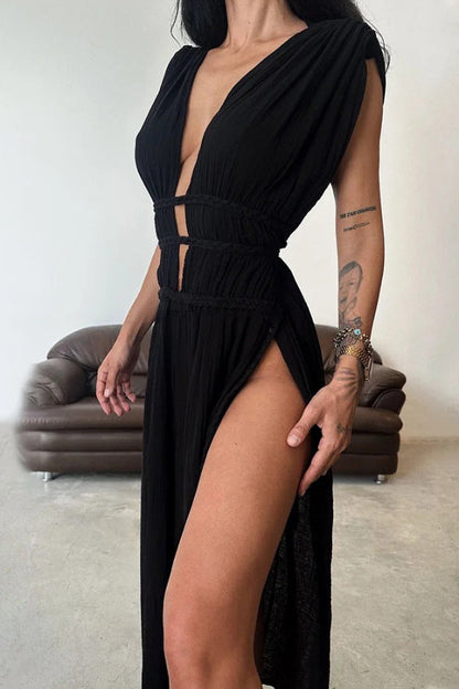 Chic slit braided lace-up cotton and linen dress