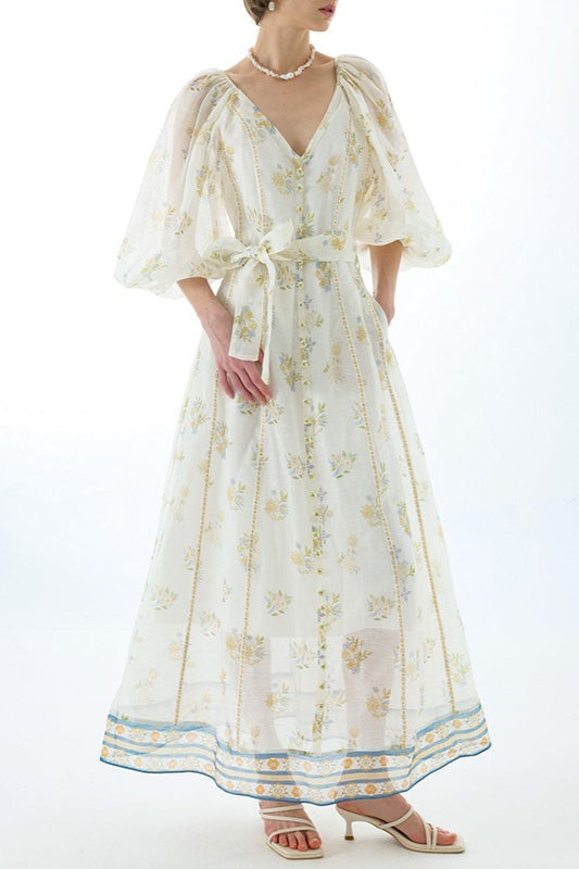Embroidered Puff Sleeve Tie Boho Dress