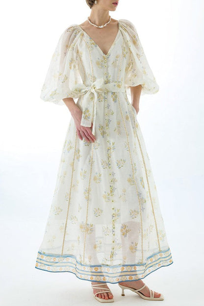 Embroidered Puff Sleeve Tie Boho Dress