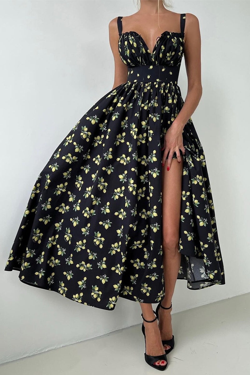 Low Neck Strap High Waist Slit Floral Dress