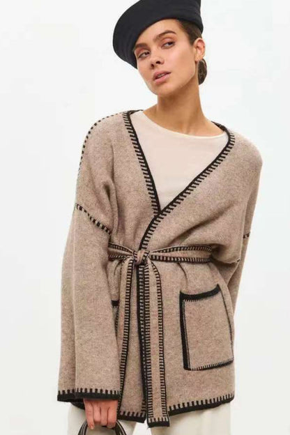 Tie Front Color Block Cardigan