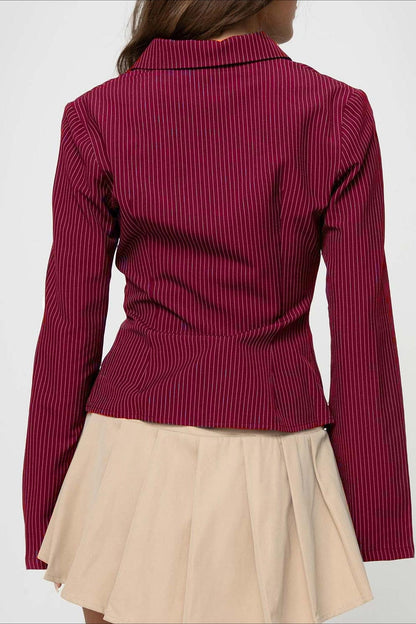 British Style Striped Button Front Lightweight Blouse