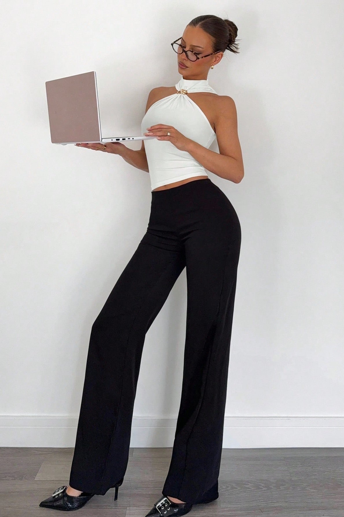 High Neck Metal Ring Sleeveless Off Shoulder Halter Top