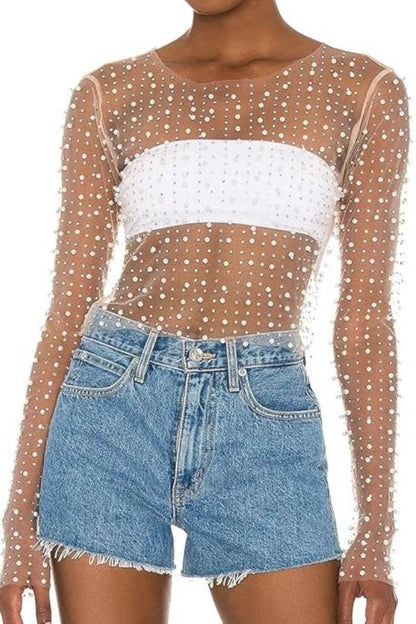 Sheer Long-Sleeved Blouse with Pearl Embellishments
