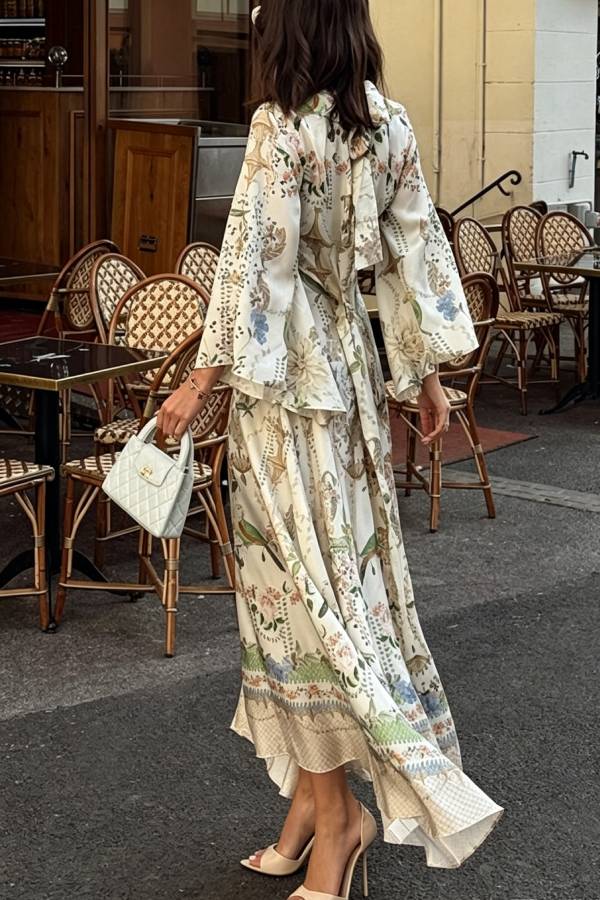 Serene Refinement Unique Art Printed High Tie-up Neck Bell Sleeve Kaftan Maxi Dress