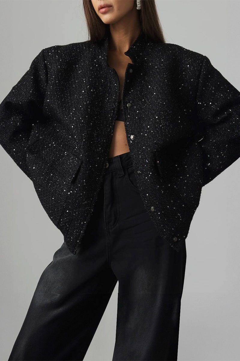 Metallic Sequined Stand Collar Coat