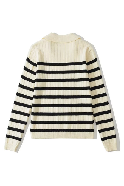 Lapel Loose Casual Striped Knit Sweater