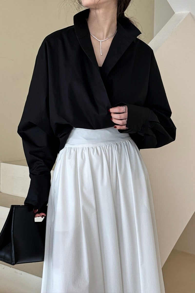 Structured Oversized Lapel V Neck White Blouse