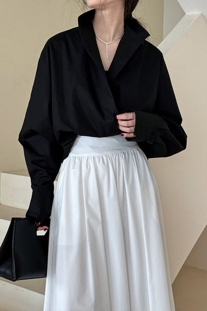 Structured Oversized Lapel V Neck White Blouse
