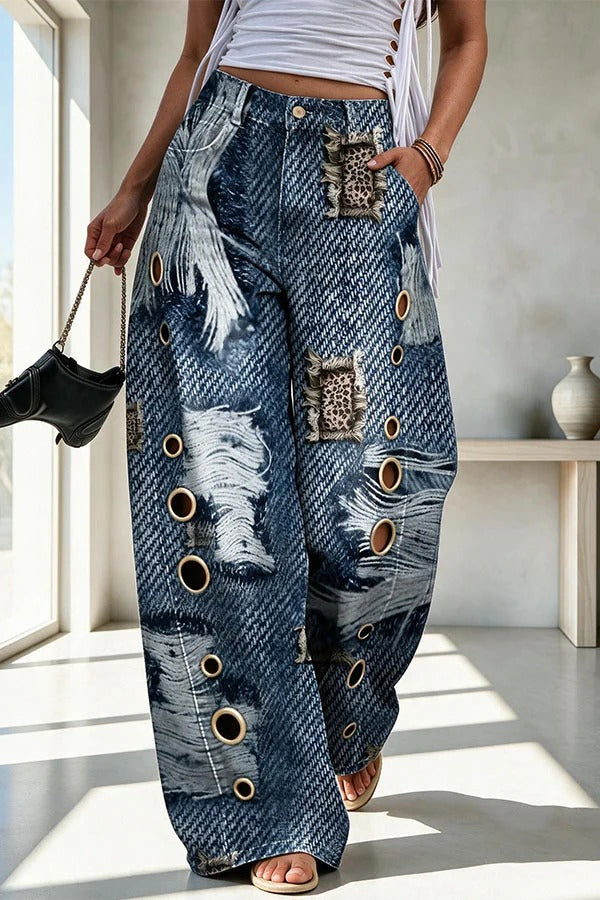 Faux Denim Unique Print Mid Rise Silver Stud Detail Pocket Barrel Pants