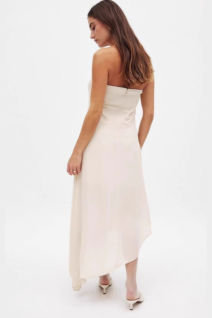 Strapless Ruched Asymmetrical Long Formal Dress