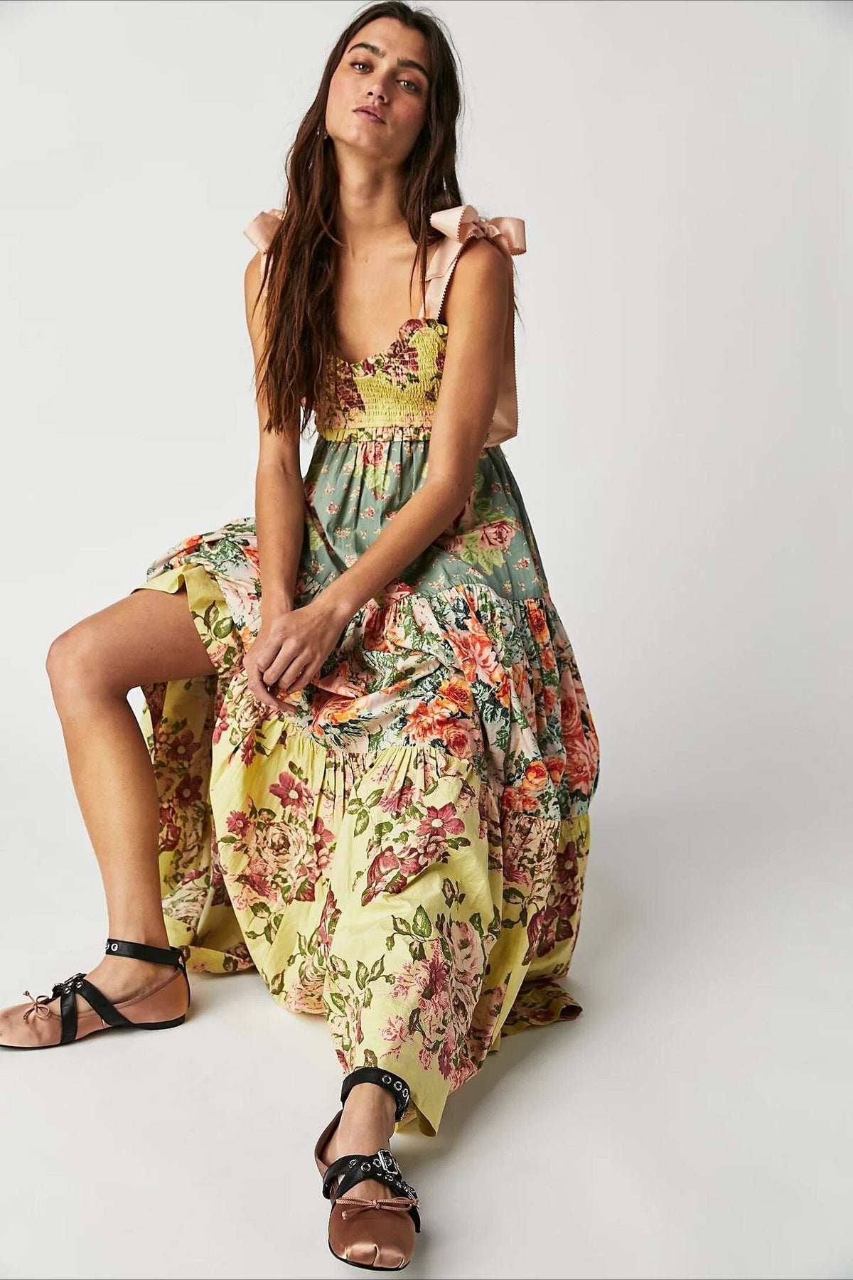 Light Tone Printed Patchwork Maxi Boho Dress