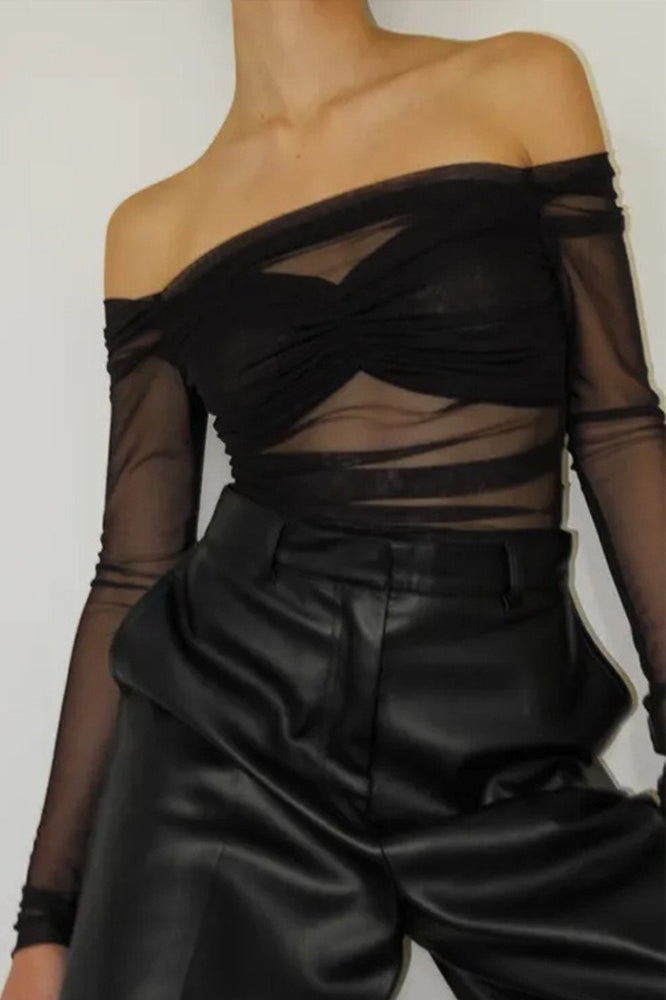 Off Shoulder Sheer Mesh Bodycon Long Sleeve Tee