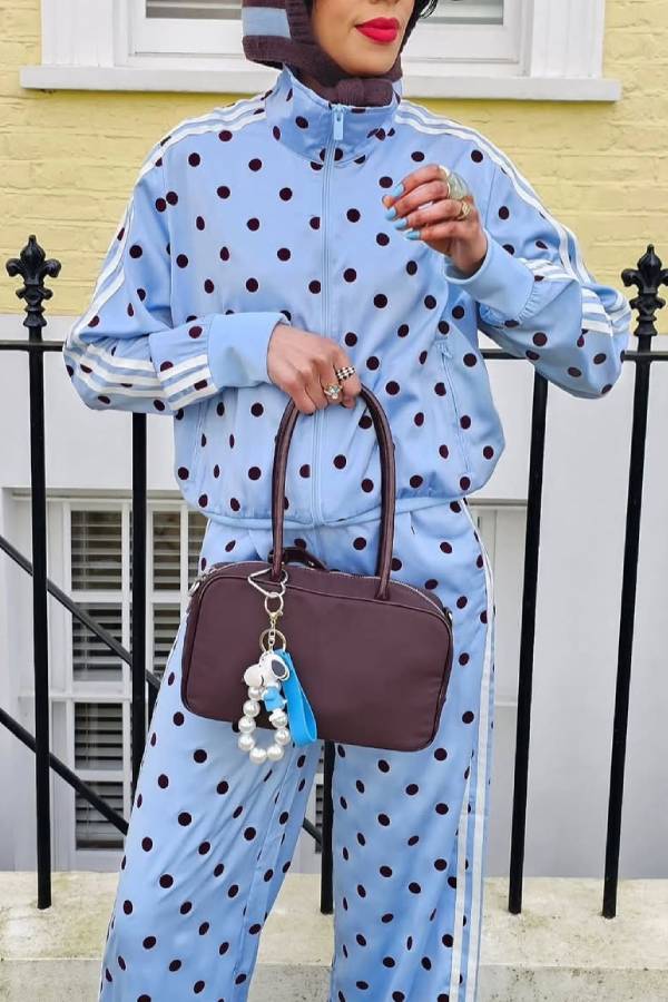 Polka Dot Stripe Stand Collar Zip‑Up Tracksuit Two‑Piece Set