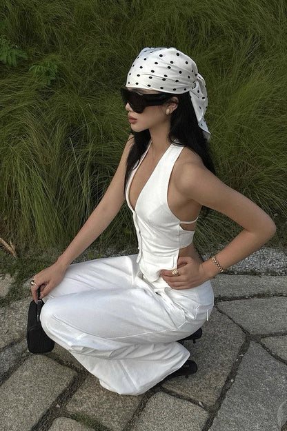 White Two Piece Halter Open Back Fitted Vest Pants Set
