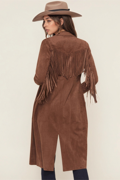 Faux Fur Notch Lapel Long Fringe Long Sleeve Overcoat