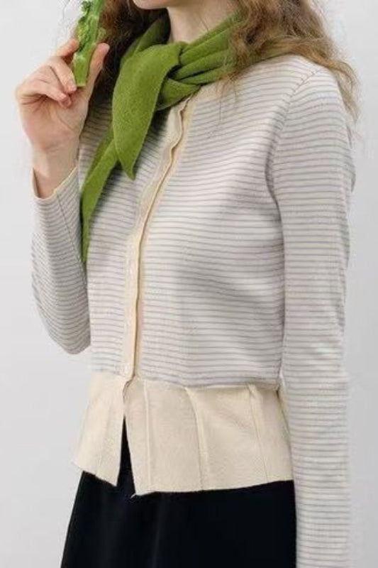 Pleated Hem Stripe Knit Cardigan