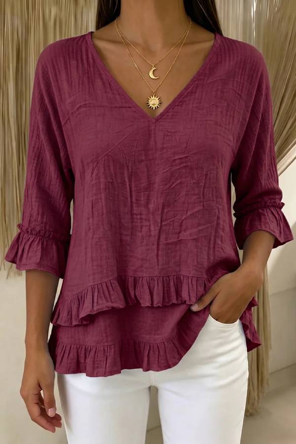 V-Neck Ruffle Hem Elbow Sleeve Blouse