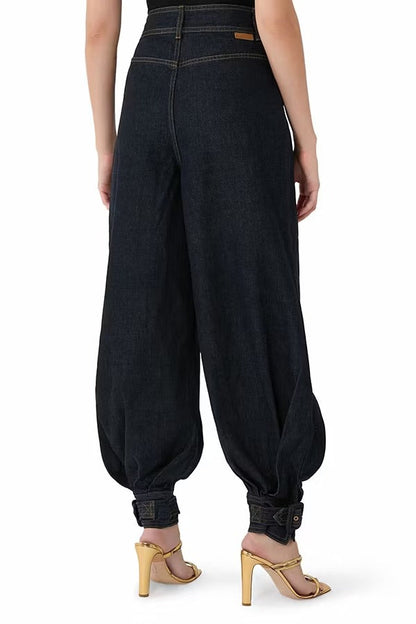 Luna Denim High Rise Pocket Adjustable Buckle Ankle Strap Harem Pants