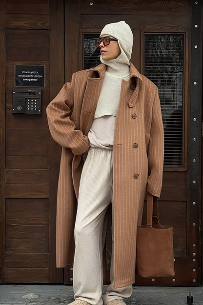 Vintage Pinstripe Notch Collar Long Wool Overcoat