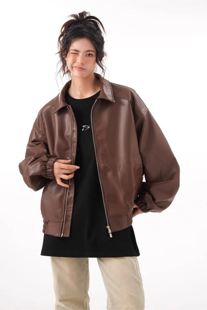 Vintage PU Leather Lapel Jacket