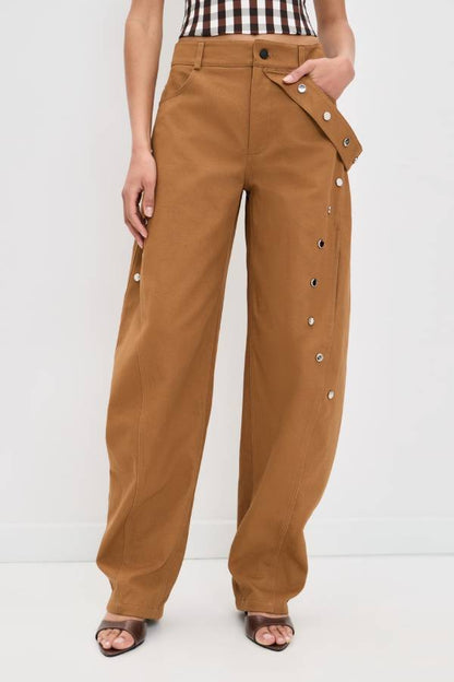 Kazina Mid Waist Silver Stud Detail Decorative Side Straps Pocket Barrel Pants