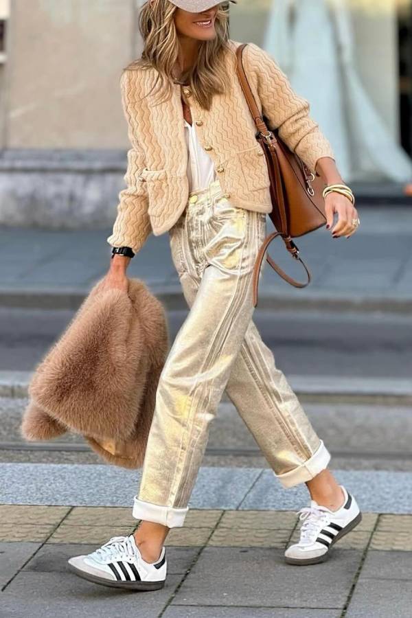 Beige wavy knitted Chanel style cropped cardigan