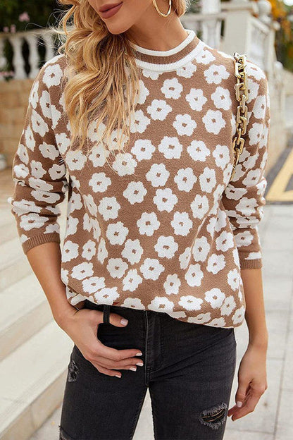 Mock Neck Floral Print Knitted Sweater Color Block Light Weight Sweater