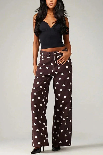 Retro Style Polka Dot Print High Waist Pocketed Wide Leg High Waisted Jeans