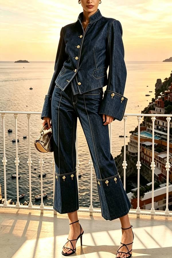 Cowgirl Club Denim High Rise Metal Buttons Flare Cropped Jeans