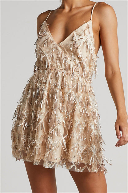 Sequin Fringe Tassel Spaghetti Strap Deep V-Neck Fit and Flare Mini Dress