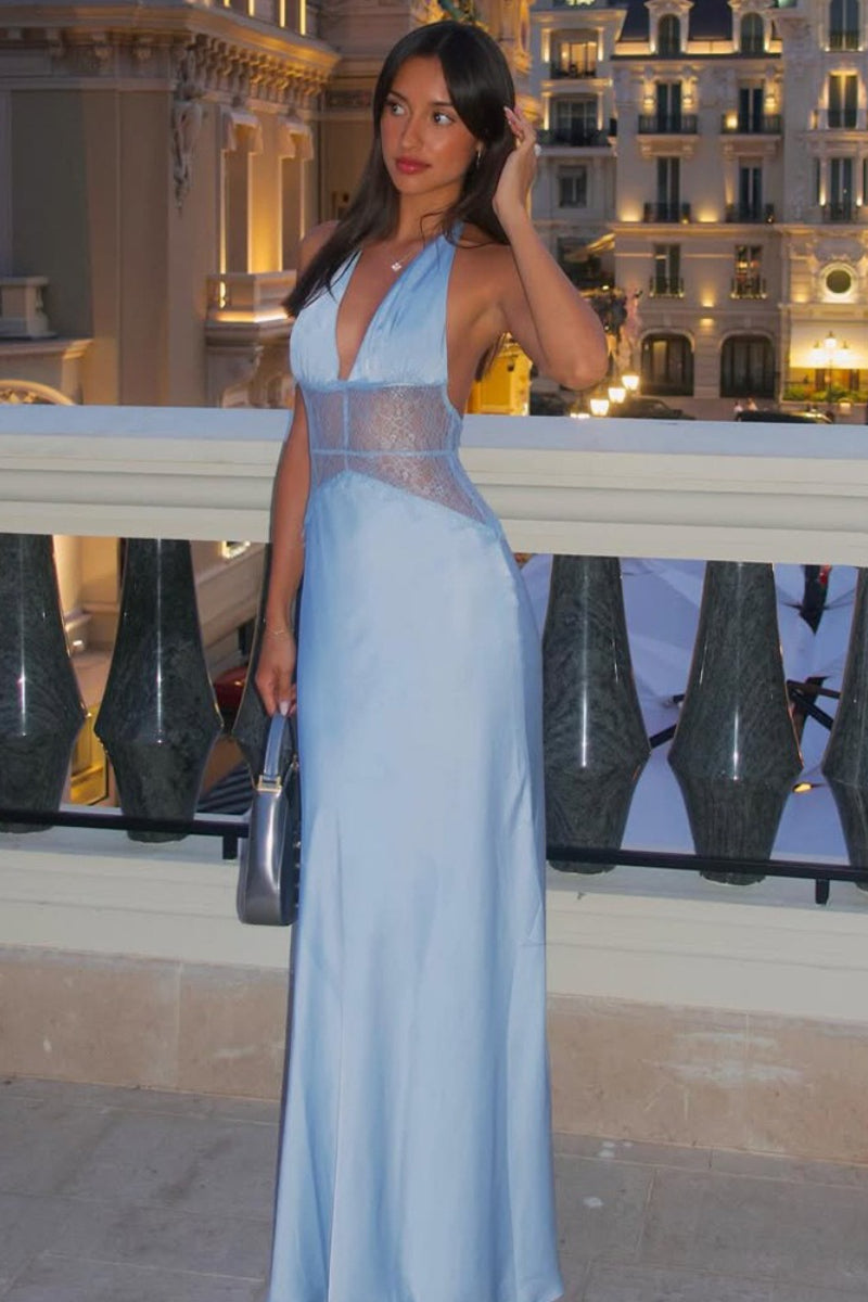 Deep V Halter Satin Slip Prom Dress