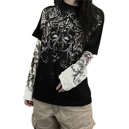 Gothic Tops Women Vintage Graphic Print Patchwork Long Sleeve T Shirts y2k Dark Academia Aesthetic Clothes Streetwear