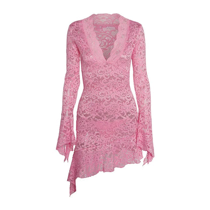 Sheer Floral Lace Deep V-Neck Bell Sleeve Ruffle Hem Bodycon Mini Dress
