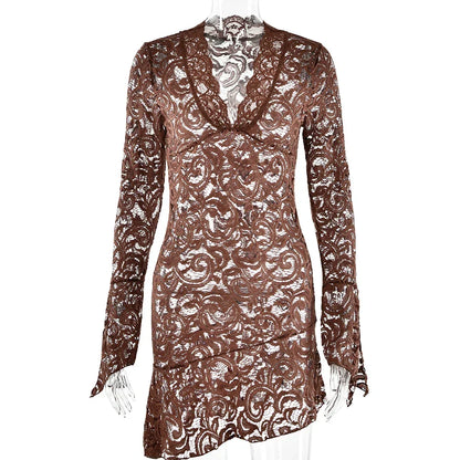 Sheer Floral Lace Deep V-Neck Bell Sleeve Ruffle Hem Bodycon Mini Dress