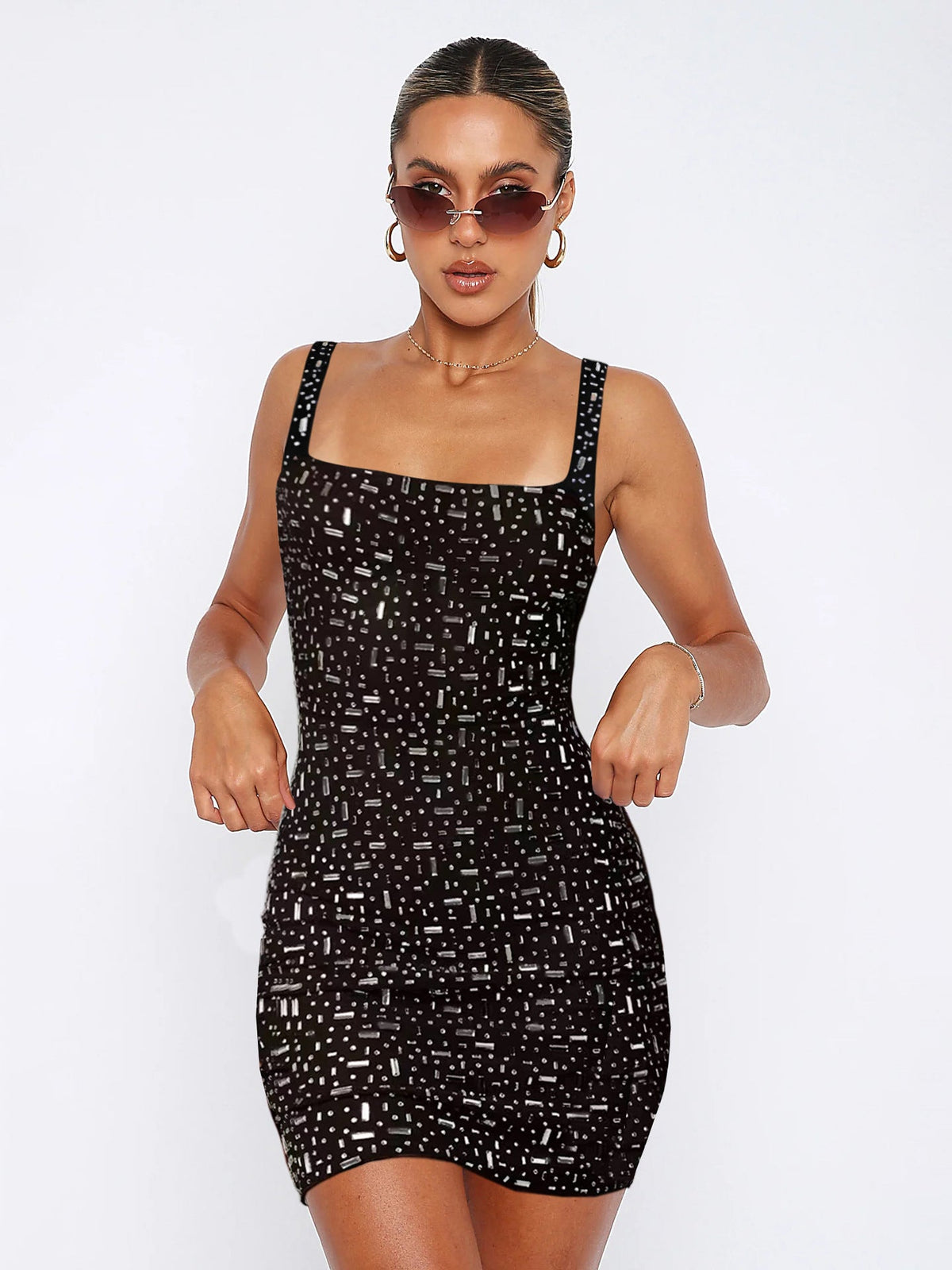 Rhinestone Studded Square Neck Sleeveless Bodycon Mini Dress