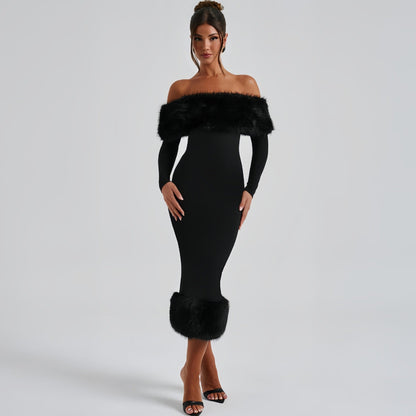 Off Shoulder Faux Fur Trim Long Sleeve Bodycon Midi Dress