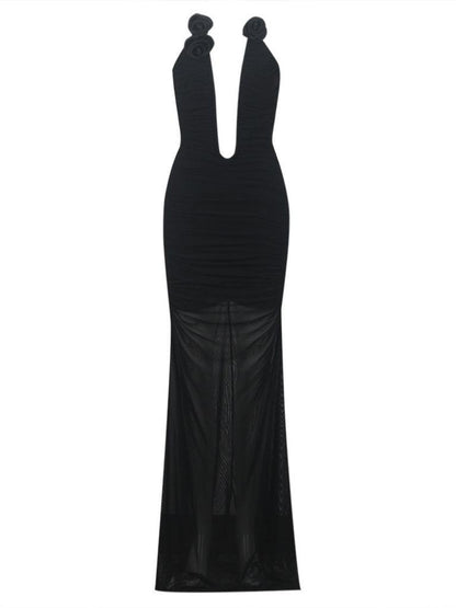 Halter 3D Rosette Ruched Bodice Sheer Shimmer Maxi Gown