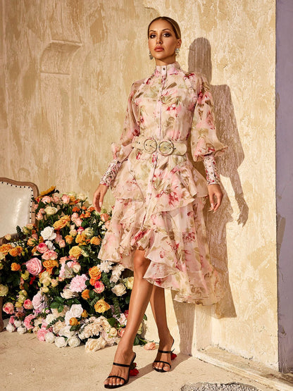 High Neck Puff Sleeve Belted Tiered High-Low Midi Dress