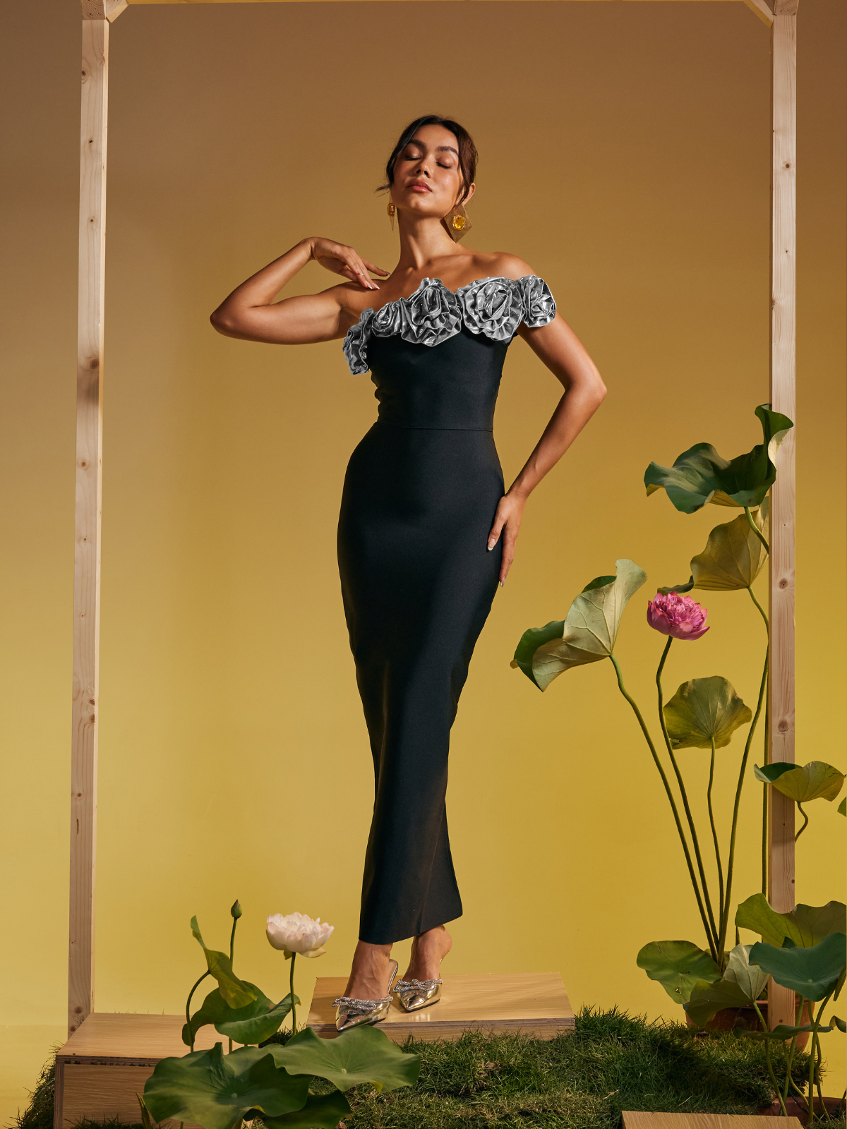 Off Shoulder Metallic Rosette Trim Mermaid Maxi Gown