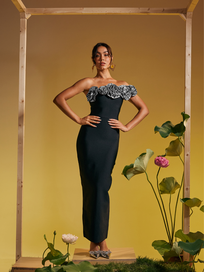 Off Shoulder Metallic Rosette Trim Mermaid Maxi Gown