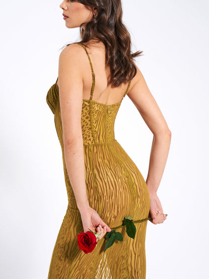 Ulani Gold Burnout Velvet Graceful Detail Mesh Maxi Dress