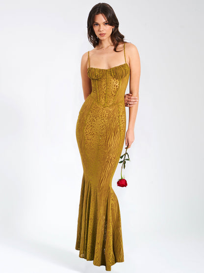 Ulani Gold Burnout Velvet Graceful Detail Mesh Maxi Dress
