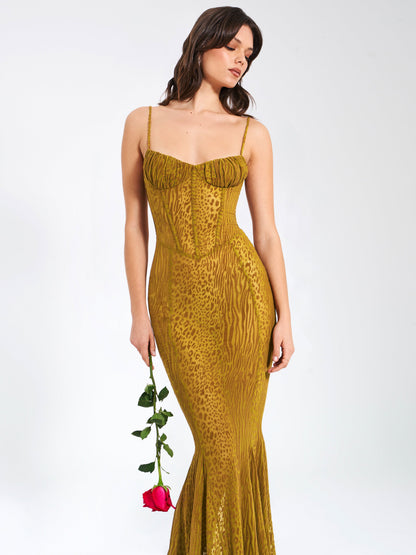 Ulani Gold Burnout Velvet Graceful Detail Mesh Maxi Dress