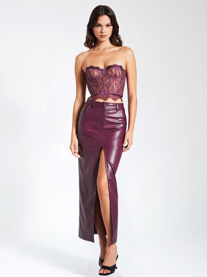 Noya Purple Front Charming Slit Vegan Leather Skirt