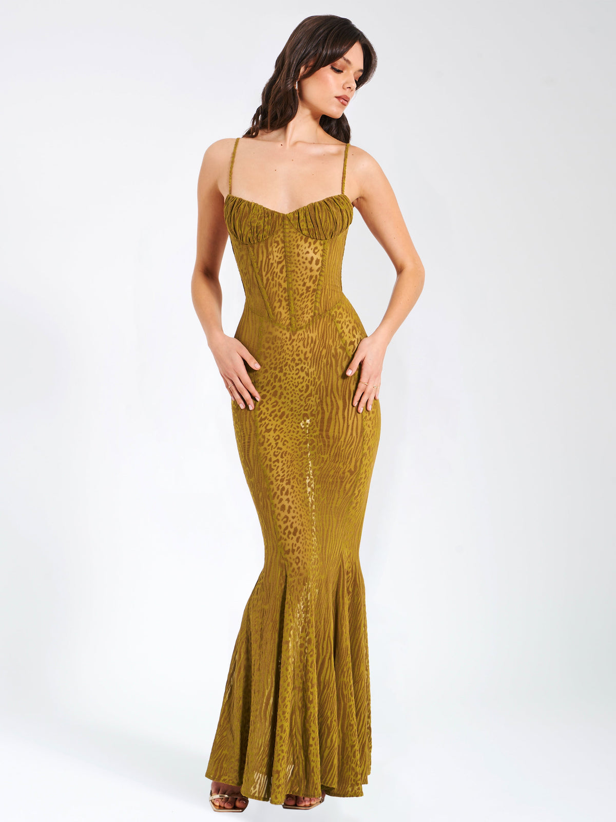Ulani Gold Burnout Velvet Graceful Detail Mesh Maxi Dress